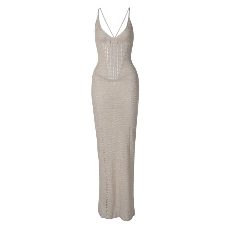 Knitwear |  Womens Knitted Halter Solid Backless See-Through Maxi Dress Clothing Beige