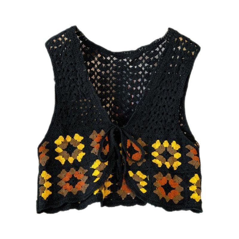 Knitwear |  Womens Knitted V-Neck Floral Knotted Crochet Crop Vest Clothing Ginger