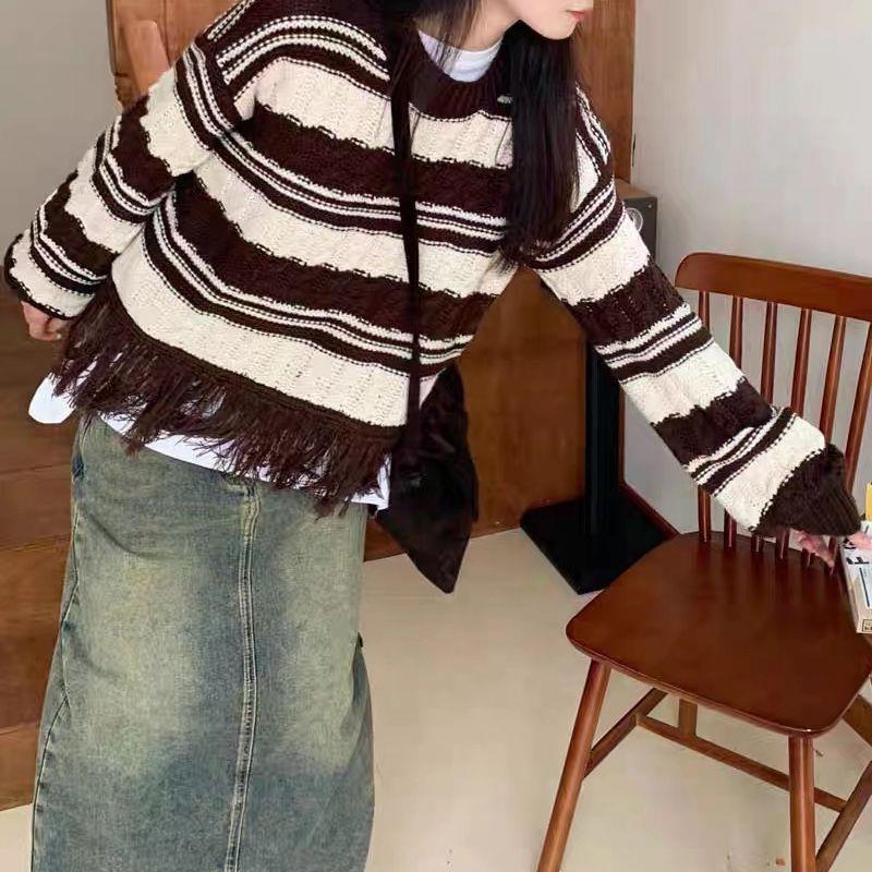 Knitwear |  Womens Round Neck Stripe Tassel Knitted Long Sleeve Sweater Clothing Brown