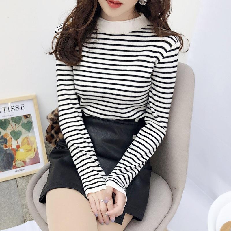 Knitwear |  Womens Stand Neck Stripe Cut Out Knitted Crop Long Sleeve Top Clothing Knitwear