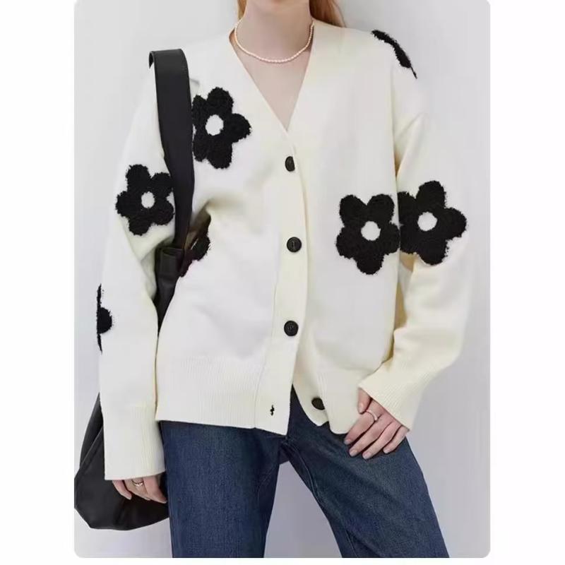 Knitwear |  Womens V-Neck Graphic Floral Button Cardigan Clothing Beige