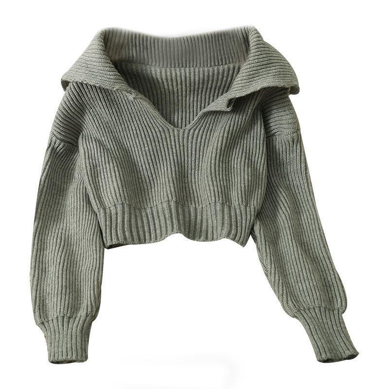 Knitwear |  Womens V-Neck Solid Knitted Long Sleeve Crop Sweater Clothing Grey