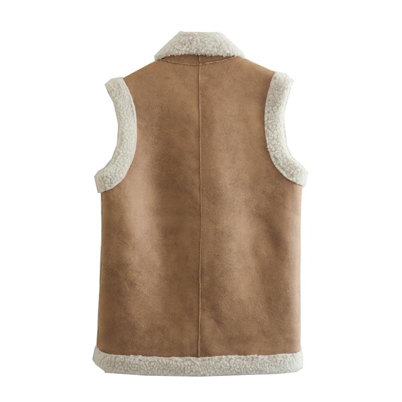 Outerwear |  Womens Chaleco De Chaqueta Con Cuello Redondo Sólido Y Botones De Alternar De Piel Sintética Clothing Bronceado