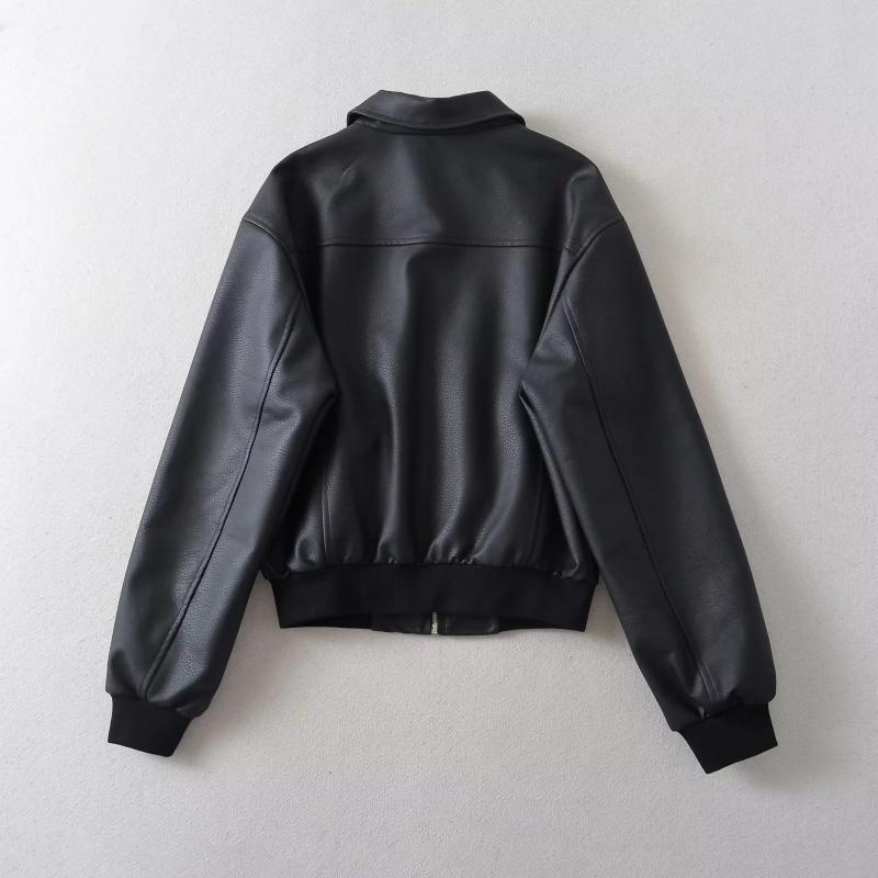 Outerwear |  Womens Chaqueta Biker Crop De Cuello De Cuero Falso Sólido Con Cremallera Clothing Café