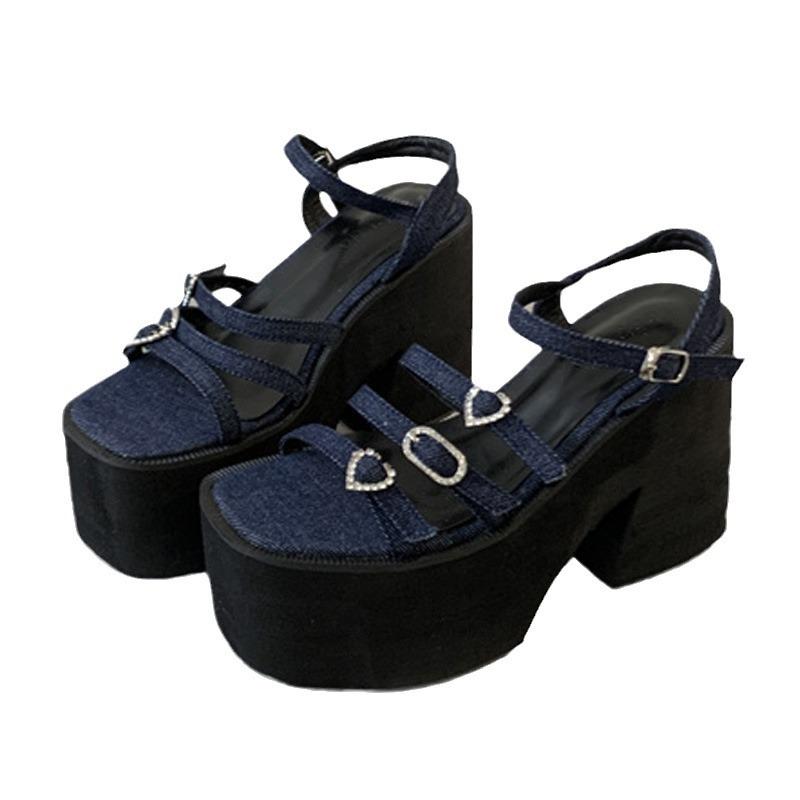 Sandals |  Womens Rhinestone Buckle Faux Leather Open Toe Multi Strap Sandals Sandals Denim