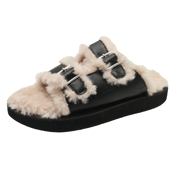 Slippers |  Womens Big Buckle Shearling Slippers Shoes Black & White