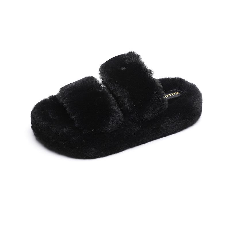 Slippers |  Womens Fur Buckle Slippers Shoes Black