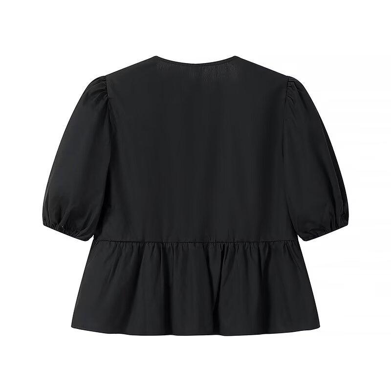 Tops |  Womens 100% Cotton Round Neckline Solid Bowknot Ruffle Hem Puff Sleeve Shirt Clothing Tops