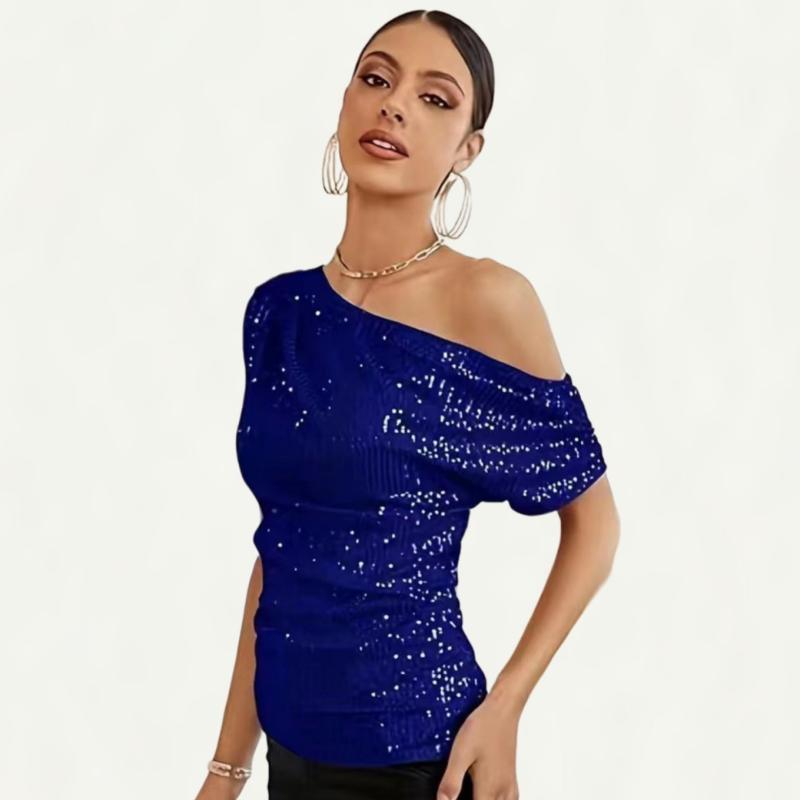 Tops |  Womens Boat Neck Rhinestone Ruched Short Sleeve Tee Clothing Dark Navy