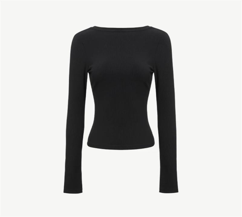 Tops |  Womens Cotton-Blend Boat Neck Solid Long Sleeve Tee Clothing Black