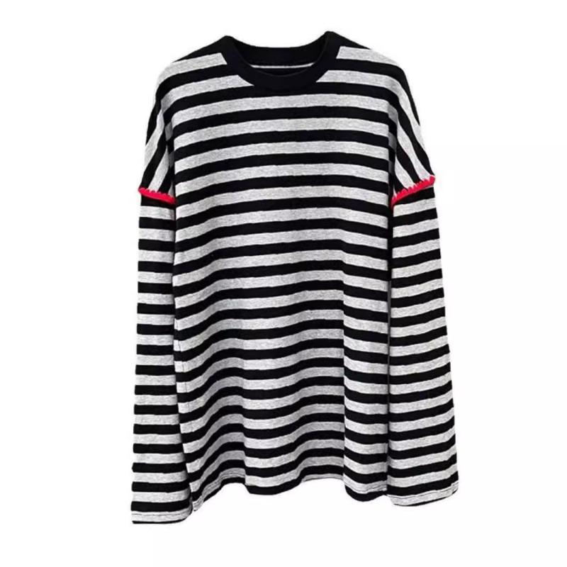 Tops |  Womens Cotton-Blend Round Neckline Striped Contrasting Binding Long Sleeve Tee Clothing Black