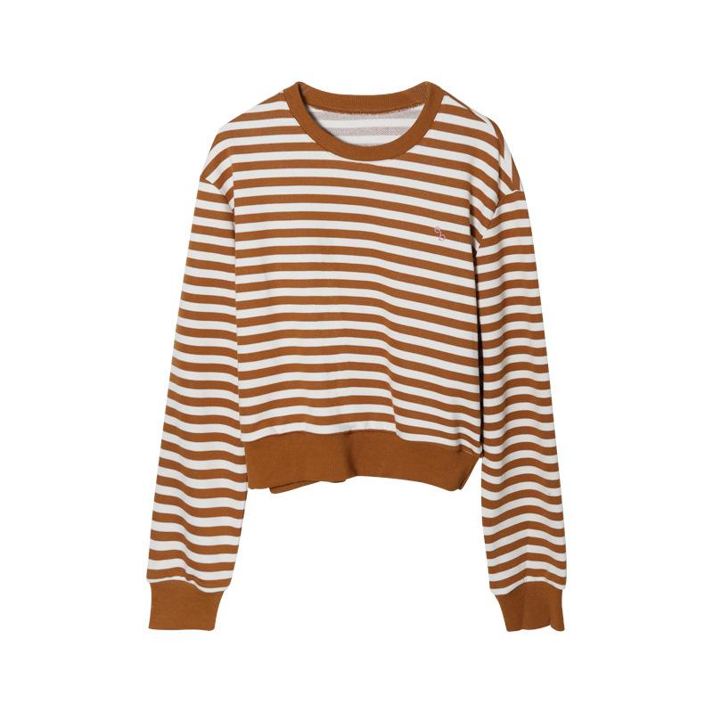 Tops |  Womens Cotton-Blend Round Neckline Striped Contrasting Binding Long Sleeve Tee Clothing Brown