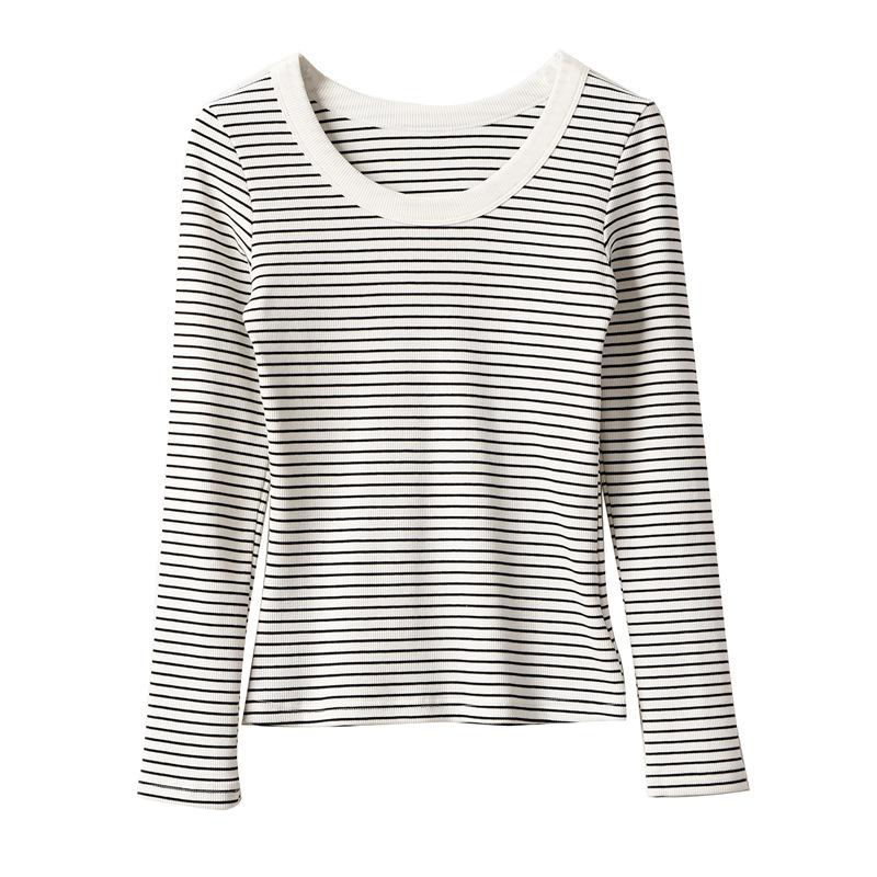 Tops |  Womens Cotton-Blend Round Neckline Striped Long Sleeve Oversized Tee Clothing Black & White