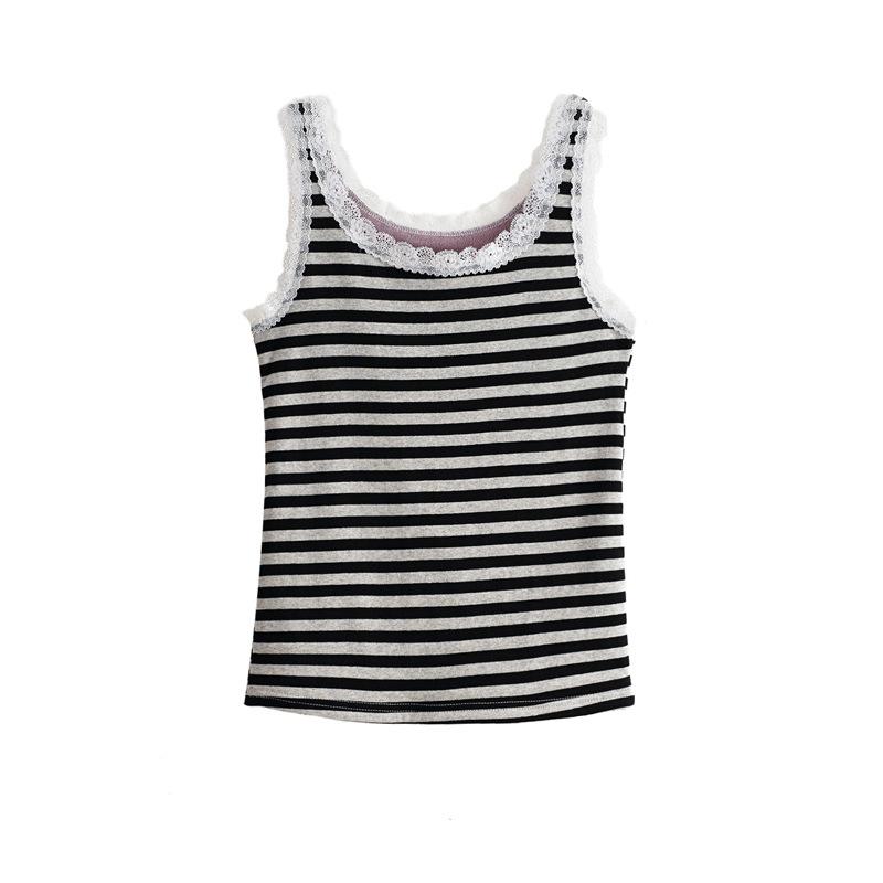 Tops |  Womens Cotton-Blend V-Neck Striped Lace Trim Bowknot Crop Cami Top Clothing Navy Blue