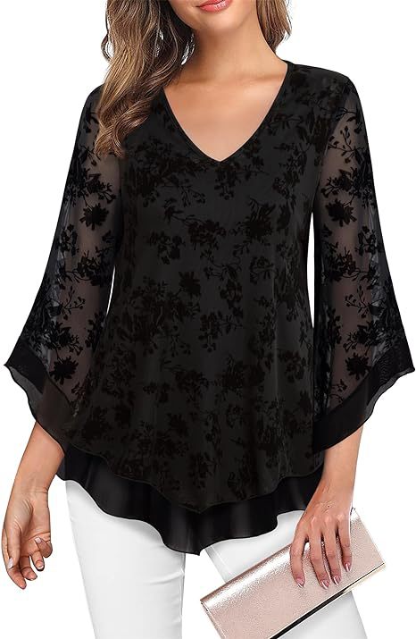 Tops |  Womens Lace Floral V-Neck Long Sleeve Crop Blouse Clothing Black