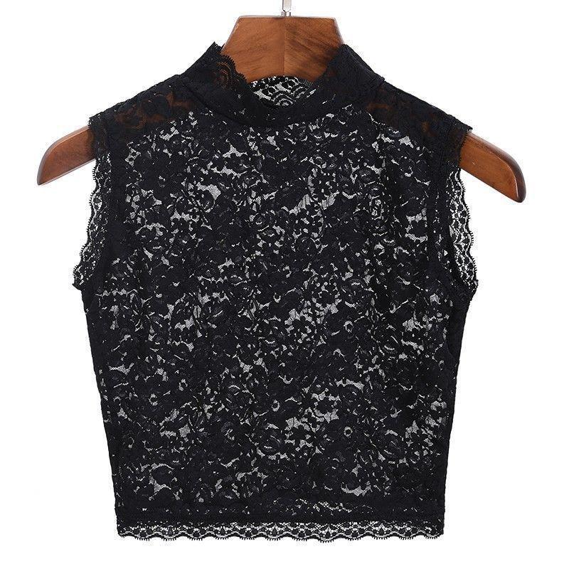 Tops |  Womens Lace Mandarin Collar Floral See-Through Tank Top Clothing Black