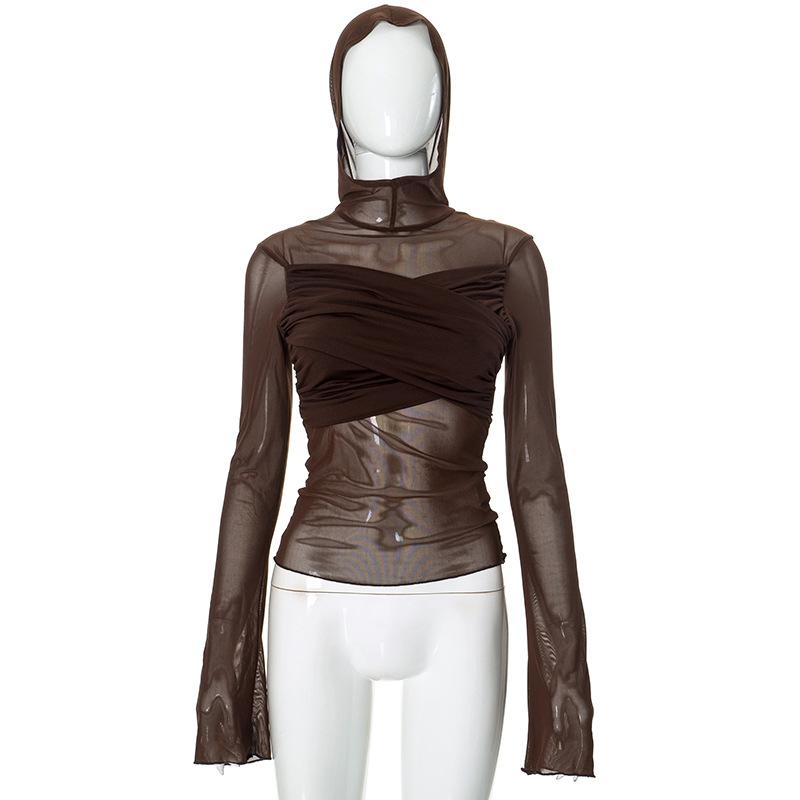 Tops |  Womens Mesh Asymmetrical Neck Long Sleeve Top Clothing Brown