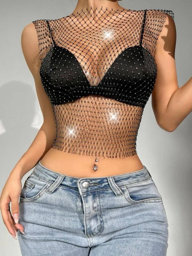 Tops |  Womens Mesh Round Neckline See-Through Rhinestone Tank Top With V-Neck Solid Cami Top Clothing Black