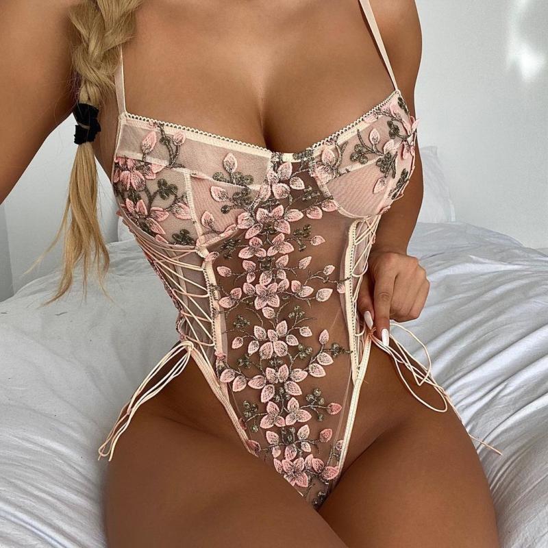 Tops |  Womens Mesh V-Neck Floral Lace Up See-Through Bodysuit Clothing Light pink