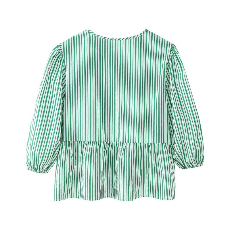 Tops |  Womens Round Neckline Striped Tie Front Bow Ruffle Hem Middle Sleeve Blouse Clothing Light Blue