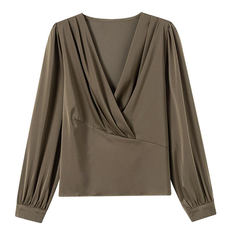 Tops |  Womens Satin V-Neck Wrap Zip Long Sleeve Blouse Clothing Beige