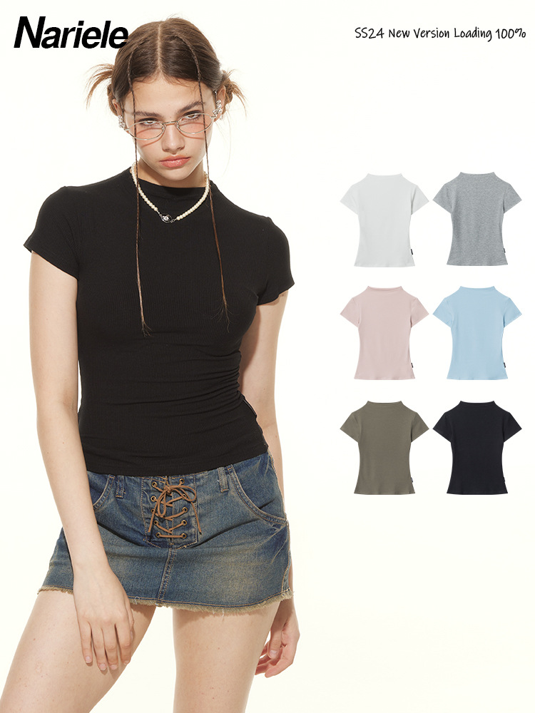 Tops |  Womens Scoop Neck Two Tone Knotted Lettuce Trim Short Sleeve Top Clothing Black