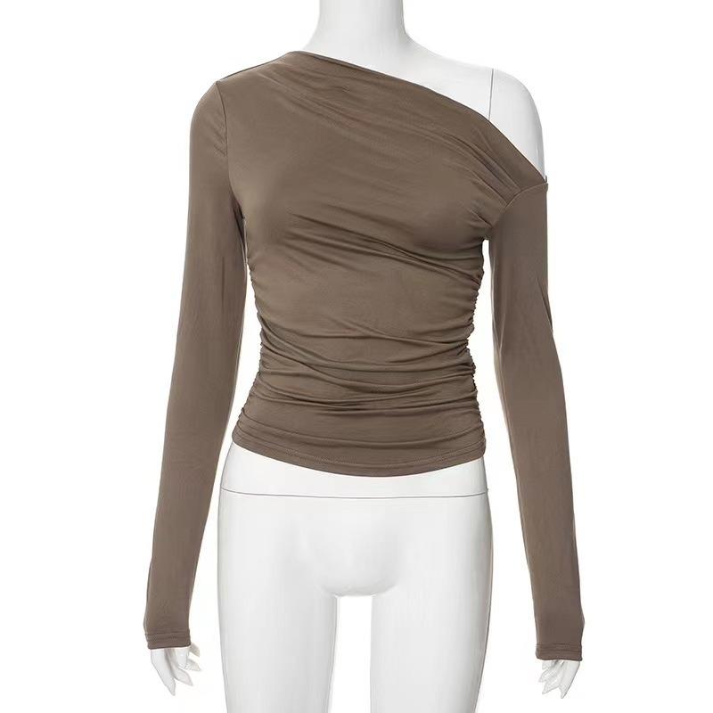 Tops |  Womens Solid Asymmetrical Neck Long Sleeve Top Clothing Camel