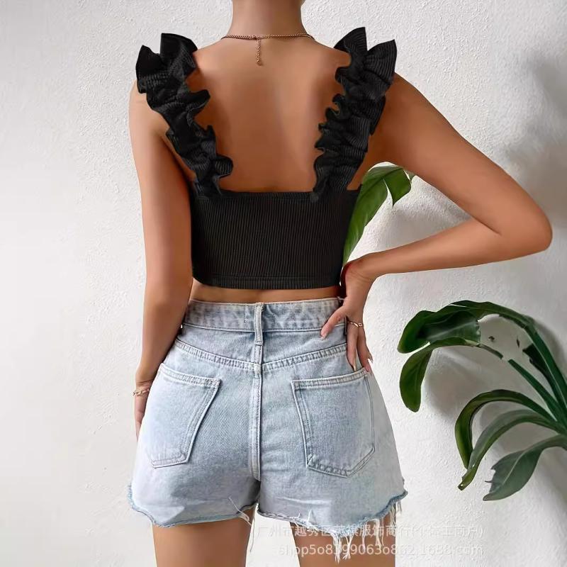 Tops |  Womens Solid Twist Ruffle Sleeve Crop Top Clothing Denim