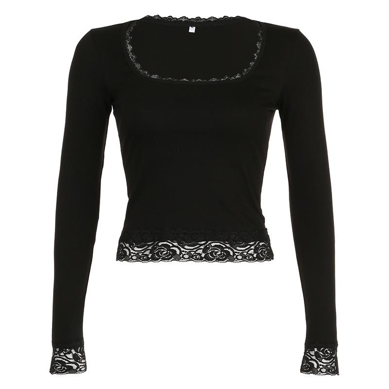 Tops |  Womens Square Neck Solid Lace Trim Ruched Long Sleeve Tee Clothing Black