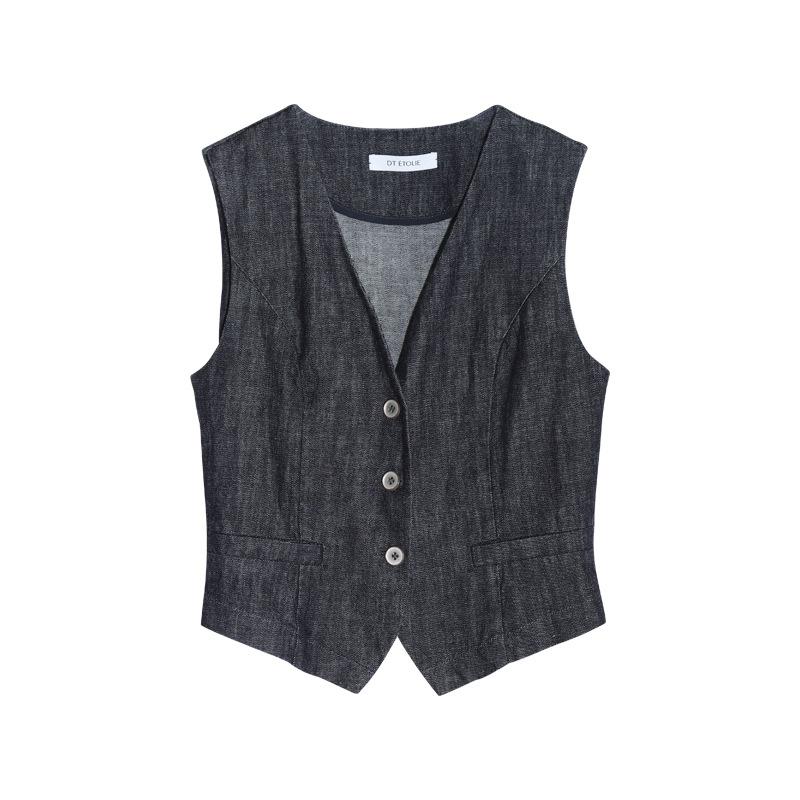 Tops |  Womens Stretch Denim V-Neck Solid Button Belted Vest Clothing Dark denim