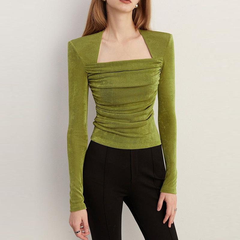 Tops |  Womens Velvet Boat Neck Solid Ruched Long Sleeve Crop Top Clothing Olive Green